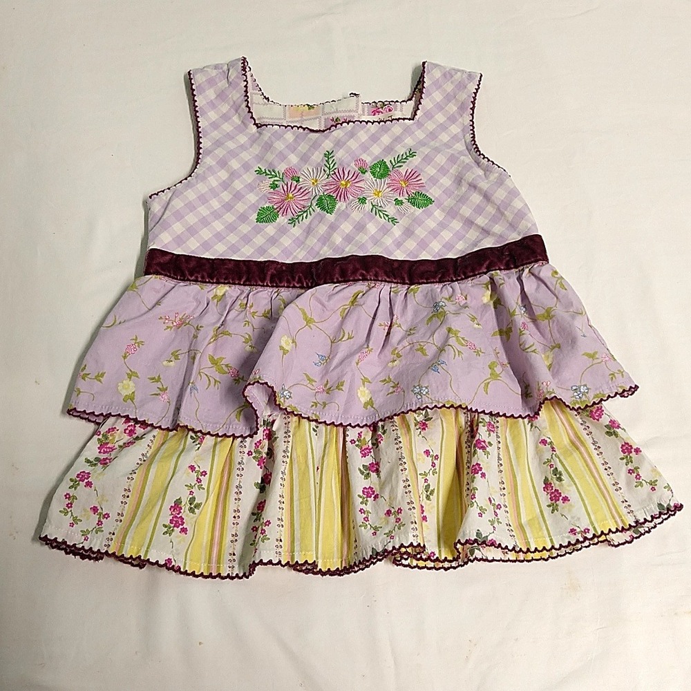 Matilda Jane Tiered Top Girls 6 Purple Gingham Floral Velvet Trim Embroidered